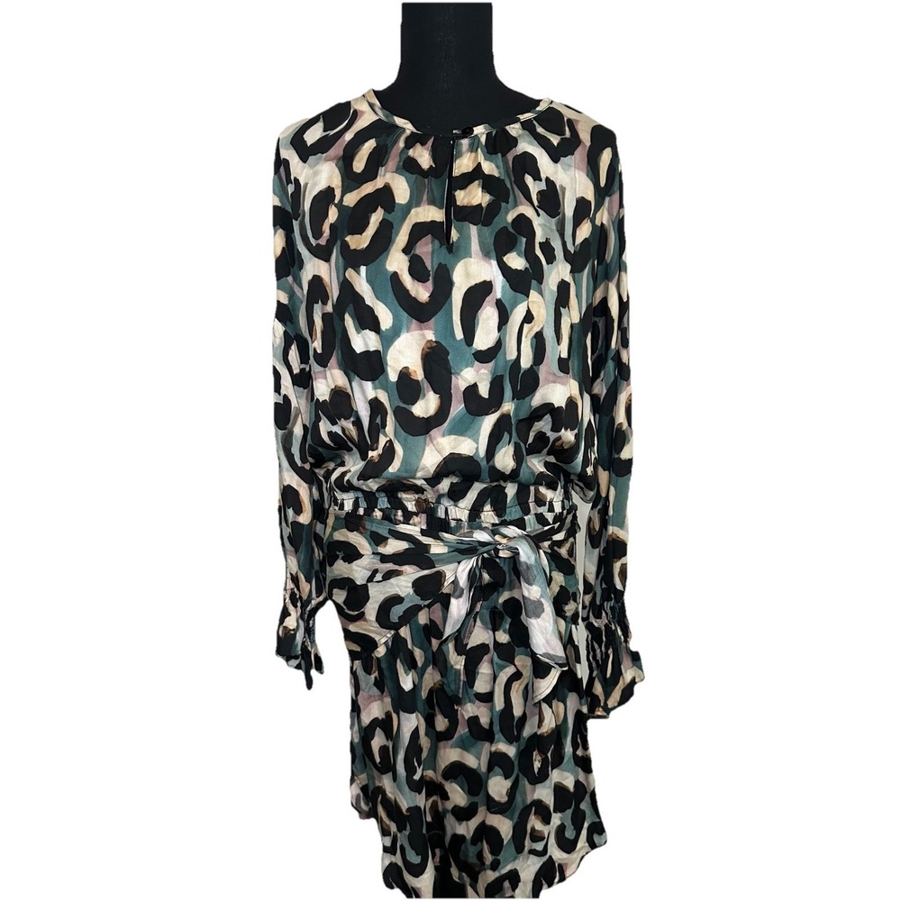 Finley Women's XS Geometric Colorful Long Sleeve Keyhole Wrap Tie Belt Dress